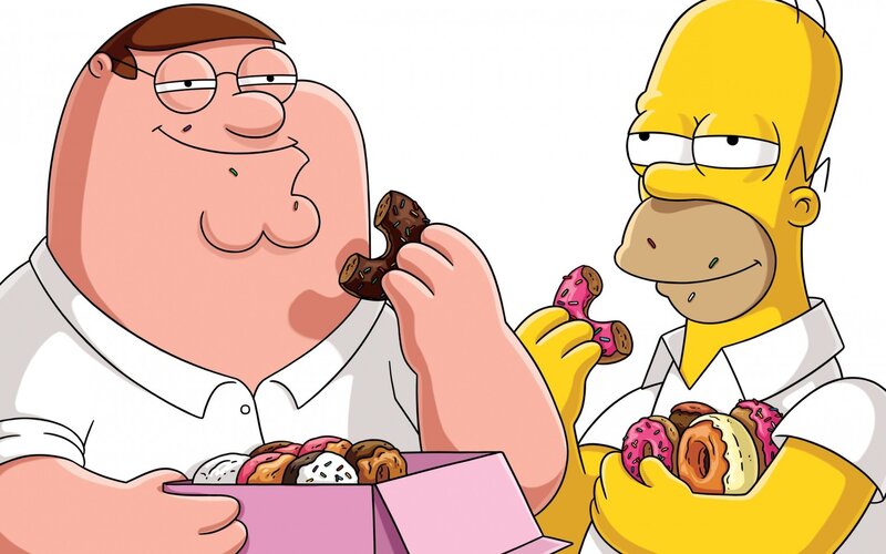 Peter and Homer eating donuts