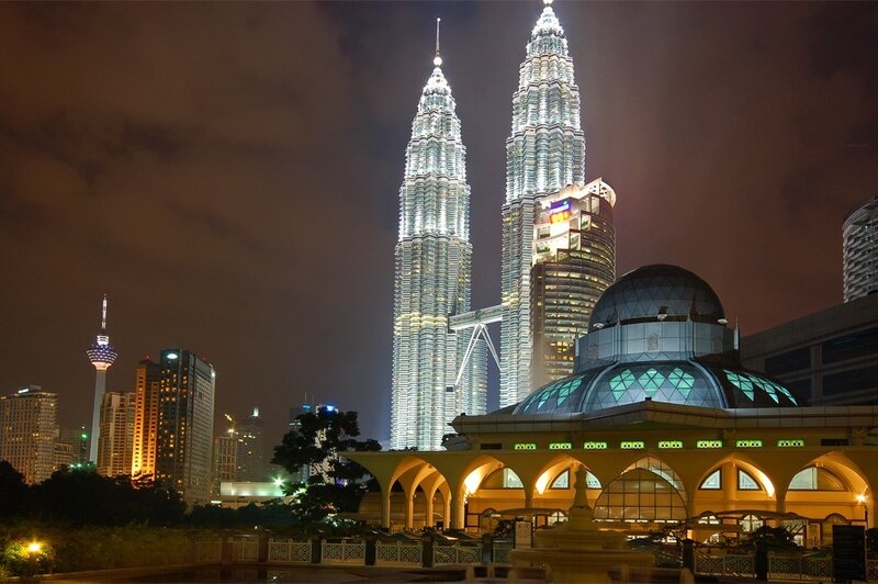 Petronas Twin Towers — Black, Dramatic, Night, Photograph, Kuala Lumpur Tower