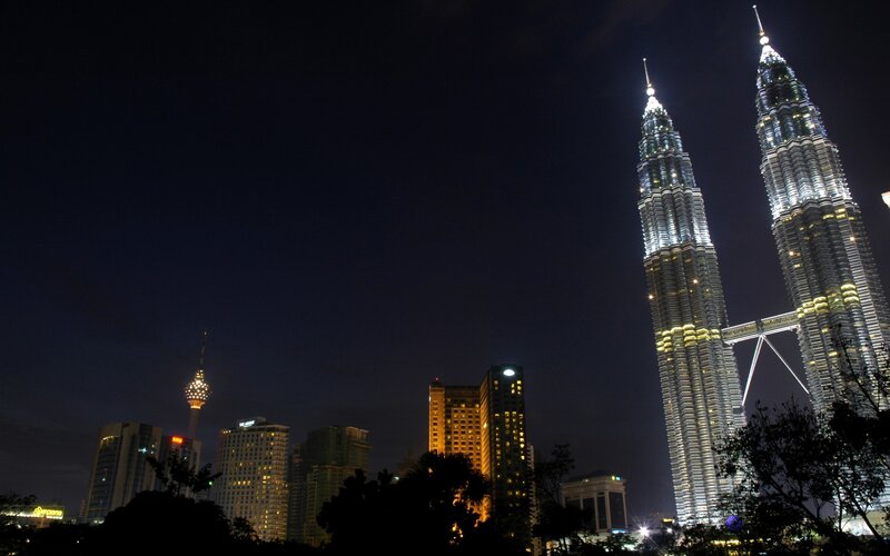 Petronas Twin Towers — Black, Dramatic, Night, Photograph, Skyscraper, Cityscape, Trees, White