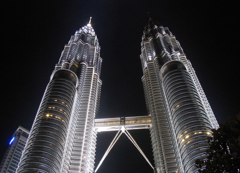 Petronas Twin Towers — Black, Dramatic, Night, Photograph, Skyscraper, Sky Bridge