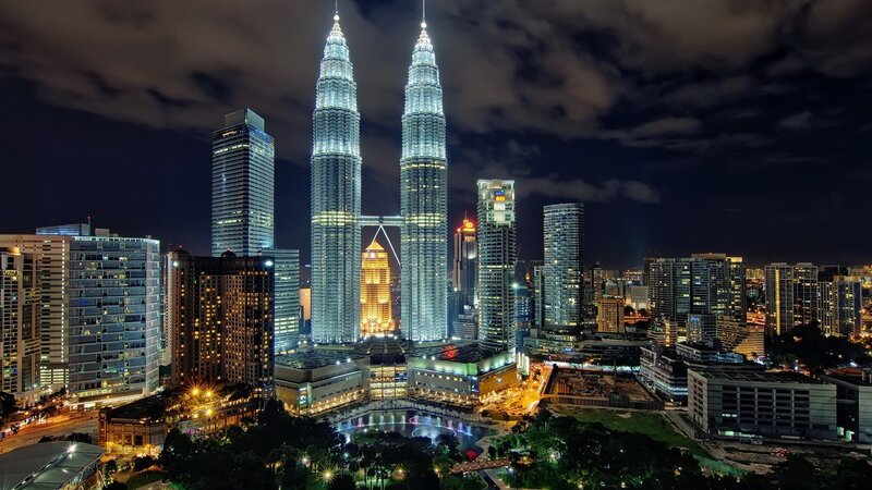 Petronas Twin Towers — Black, Dramatic, Night, Photograph, Skyscrapers, City Lights, Fountain, Trees