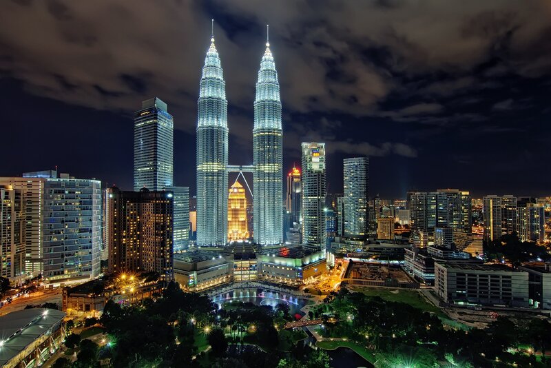 Petronas Twin Towers — Black, Dramatic, Night, Photograph, Skyscrapers, Cityscape, Park, Night Sky