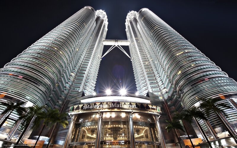 Petronas Twin Towers — Black, Dramatic, Night, Photograph, Skyscrapers, Palm Trees