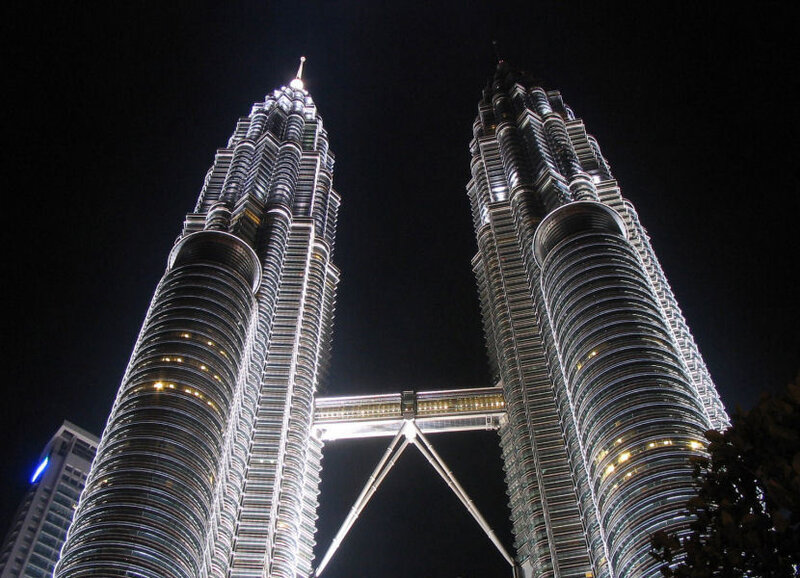 Petronas Twin Towers — Black, Dramatic, Night, Photograph, Skyscrapers, Sky Bridge, Night Sky, White