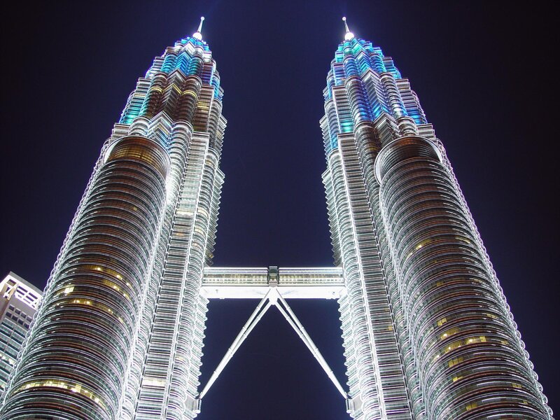 Petronas Twin Towers — Blue, Dramatic, Night, Photograph, Night Sky, Skybridge