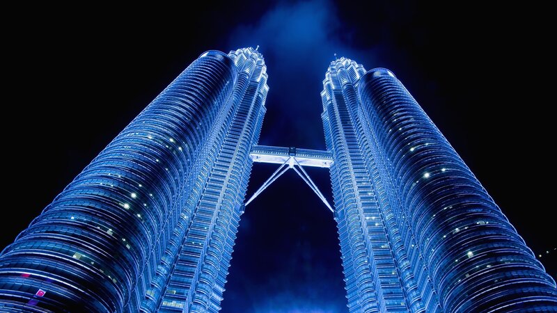 Petronas Twin Towers — Blue, Dramatic, Night, Photograph, Sky