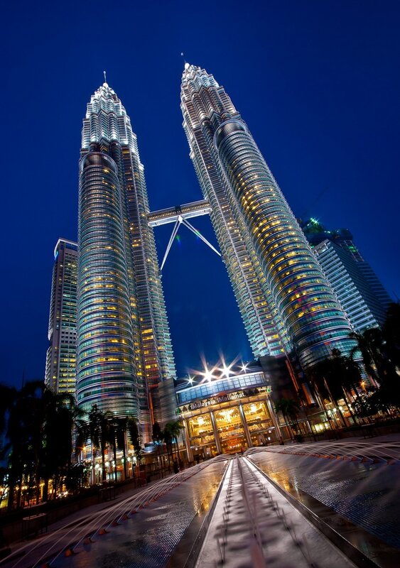 Petronas Twin Towers — Blue, Dramatic, Night, Photograph, Skyscraper, Fountain
