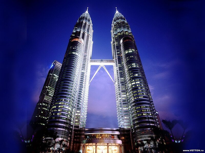 Petronas Twin Towers — Blue, Dramatic, Night, Photograph, Skyscraper, Sky Bridge, Night Sky