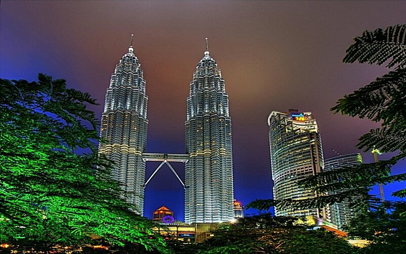 Petronas Twin Towers — Blue, Dramatic, Night, Photograph, Skyscrapers, Trees