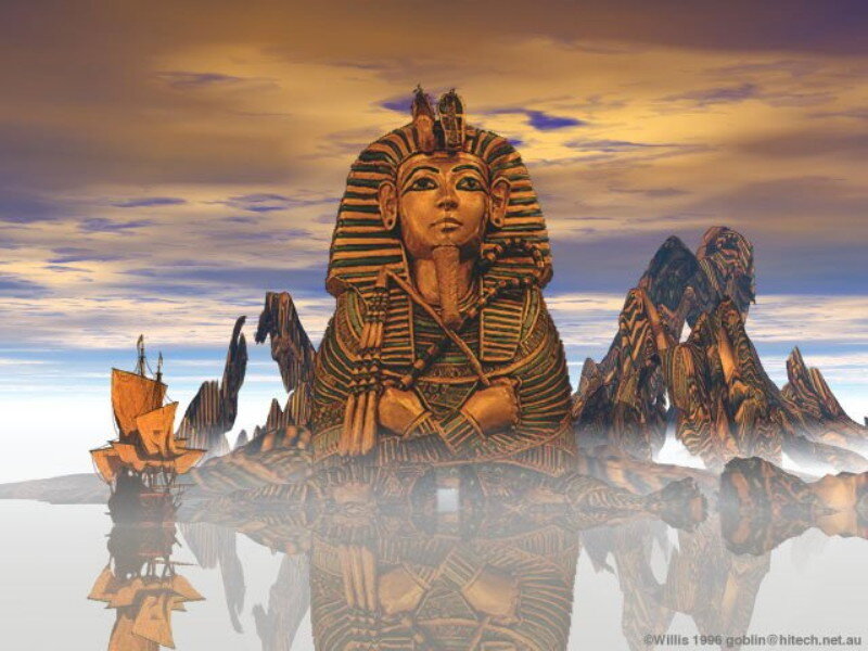 Pharaoh statue with ship