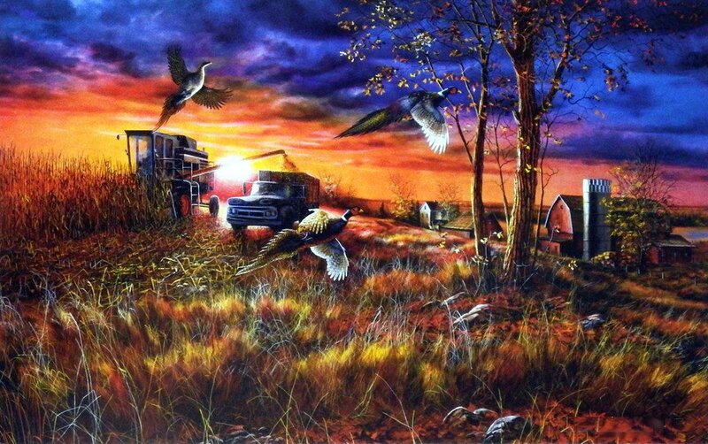 Pheasants Flying over Farm