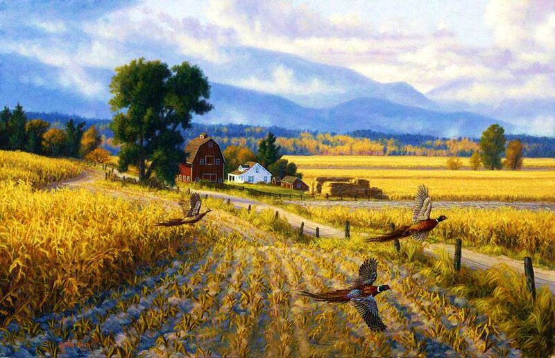 Pheasants Flying over Field — Yellow