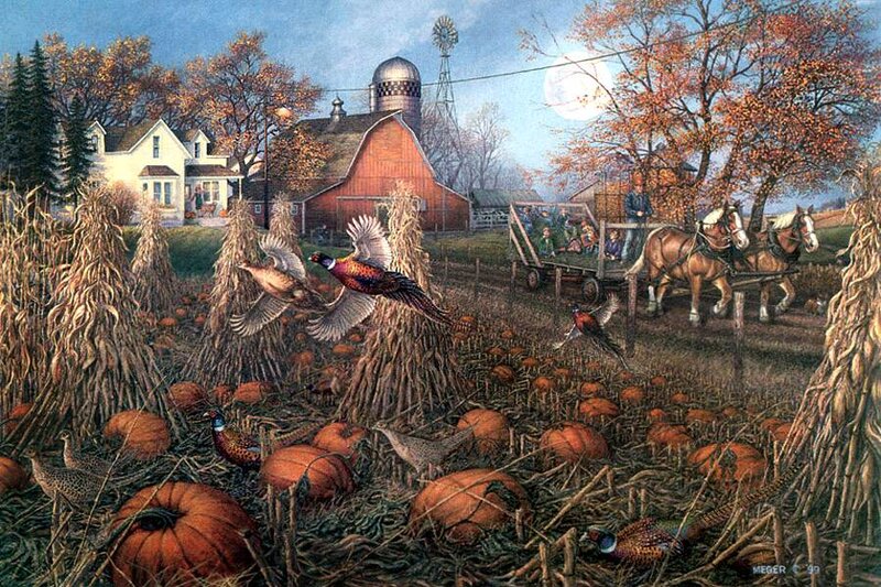 Pheasants in Pumpkin Patch