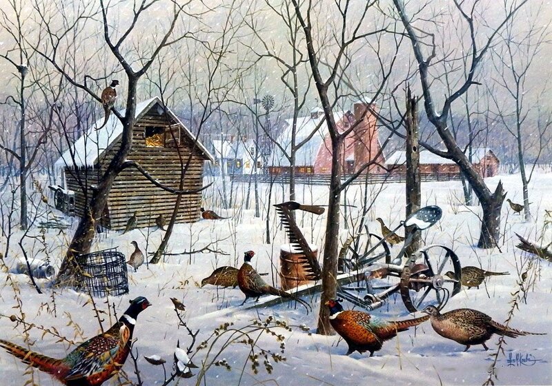 Pheasants in Snow — White, Serene, Winter, Painting