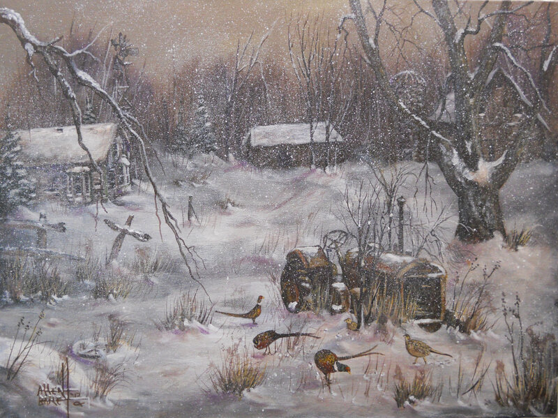 Pheasants in Snow — White