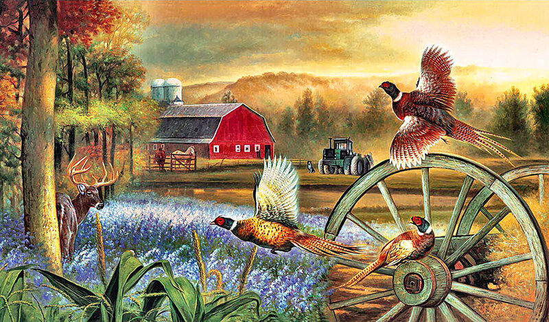 Pheasants on a Wagon Wheel