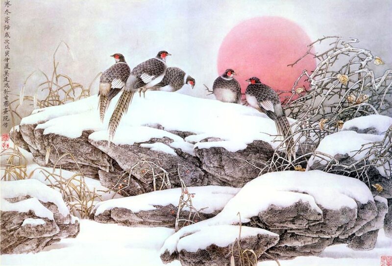 Pheasants on Snowy Rocks