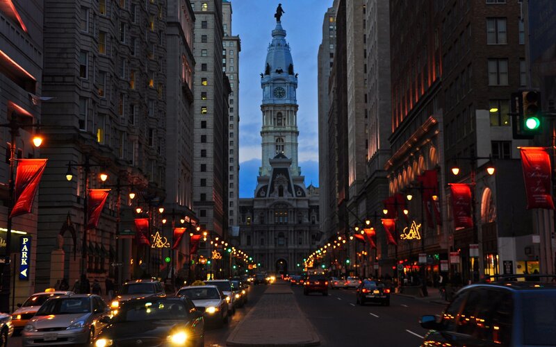 Philadelphia city street at dusk