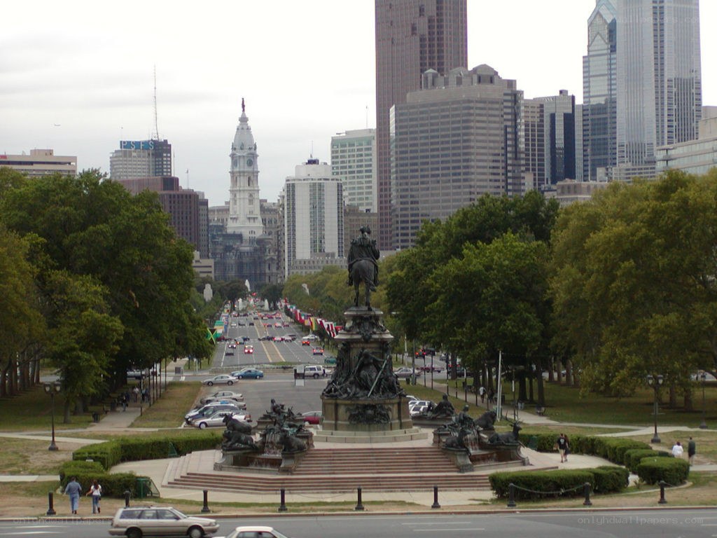 Philadelphia cityscape with monument