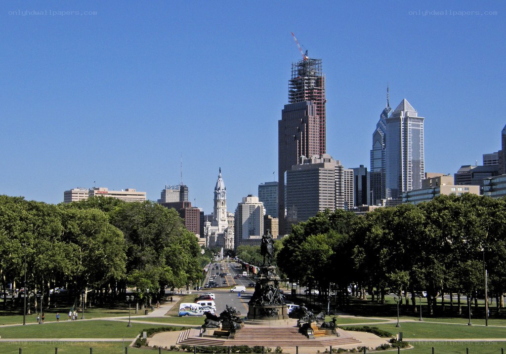 Philadelphia skyline with park