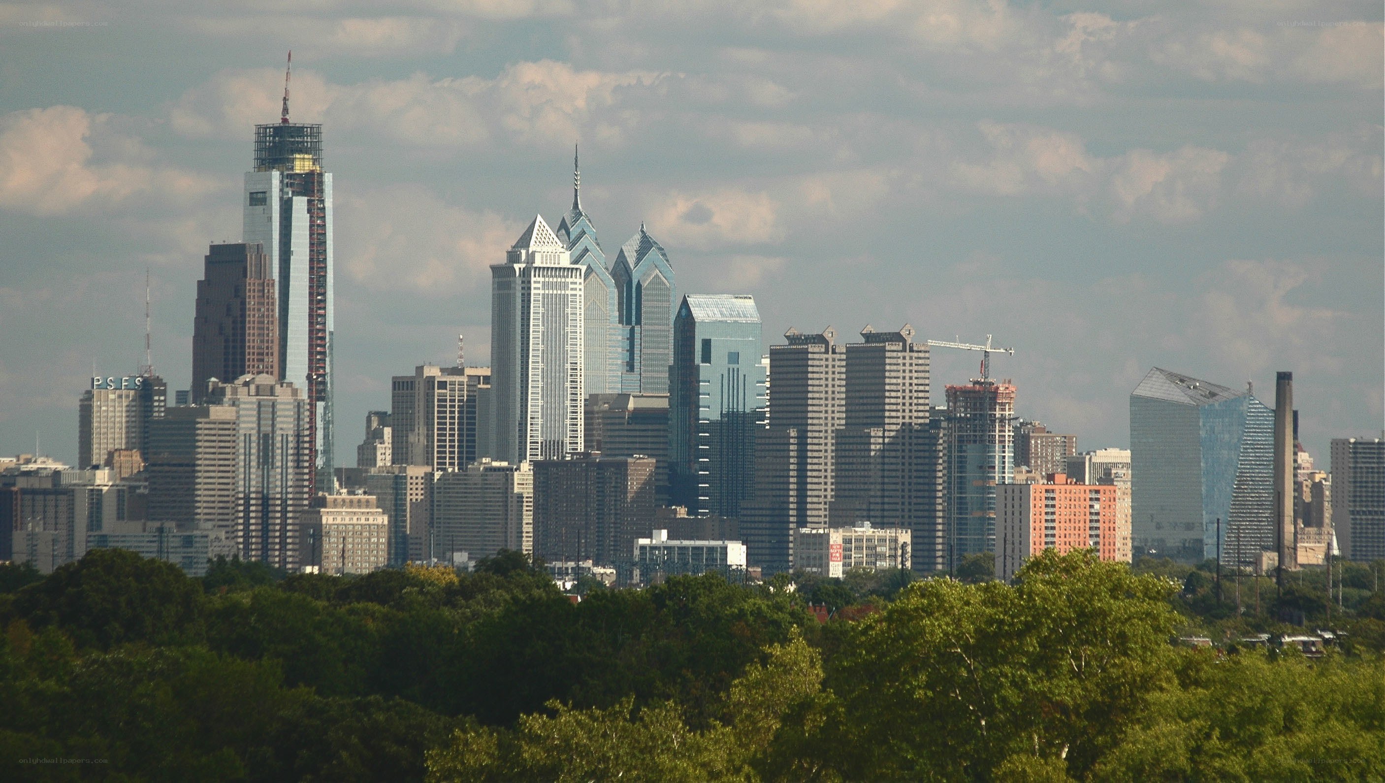 Philadelphia skyline with trees
