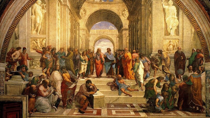 Philosophers in a Hall — Beige, Dramatic, Painting, Statues, Arches