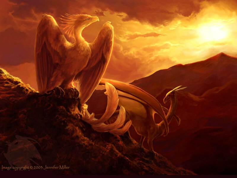 Phoenix and dragon on a mountain