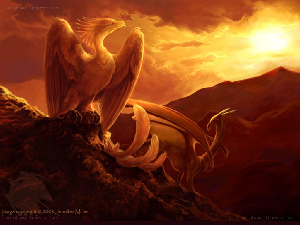 Phoenix and dragon on a mountain