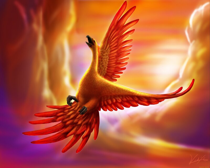 Phoenix Bird in Flight — Red, Dramatic, Sunset, Digital Art
