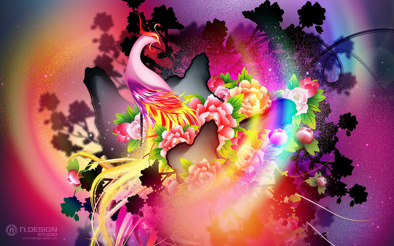 Phoenix Bird with Flowers — Pink, Vibrant, Digital Art