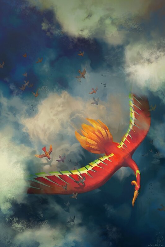 Phoenix Flying in Clouds