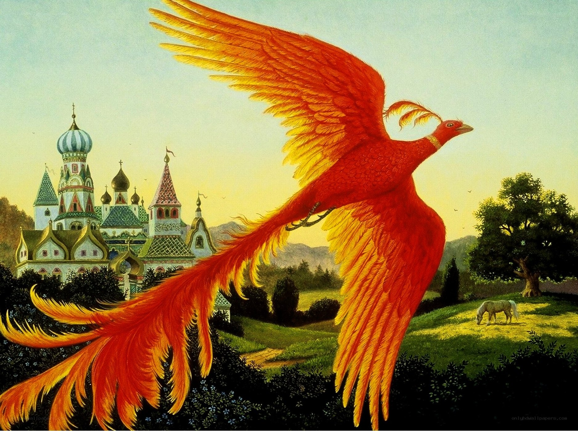 Phoenix flying over a castle