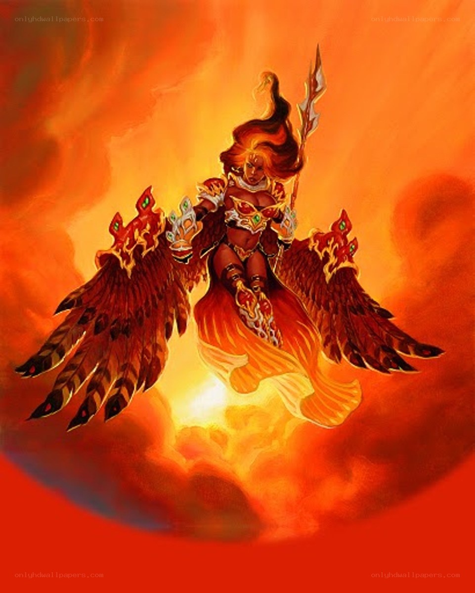 Phoenix warrior in fiery sky