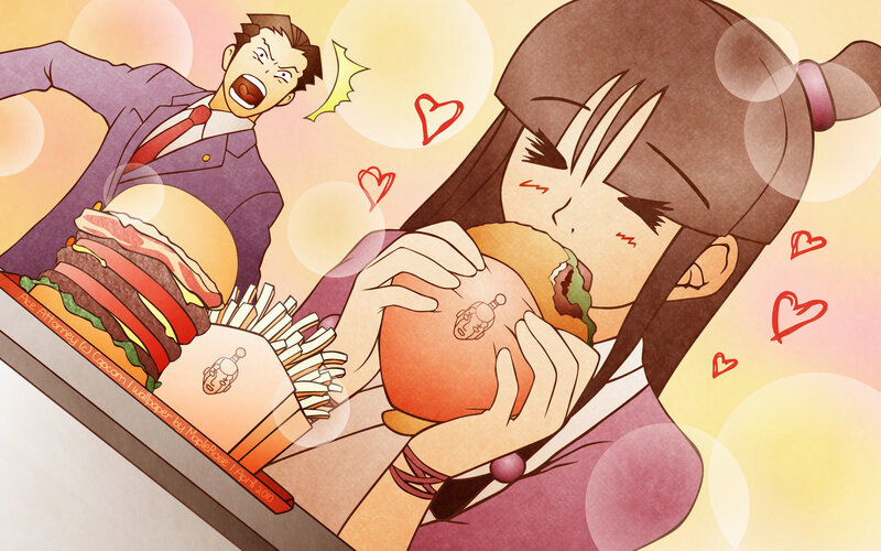 Phoenix Wright and Maya Fey eating burgers