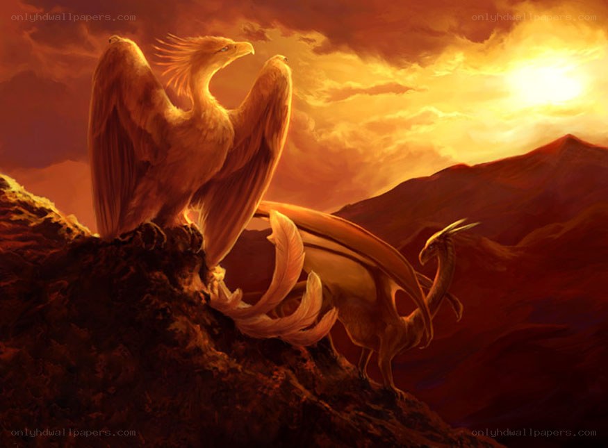 Phoenixes on a mountain at sunset