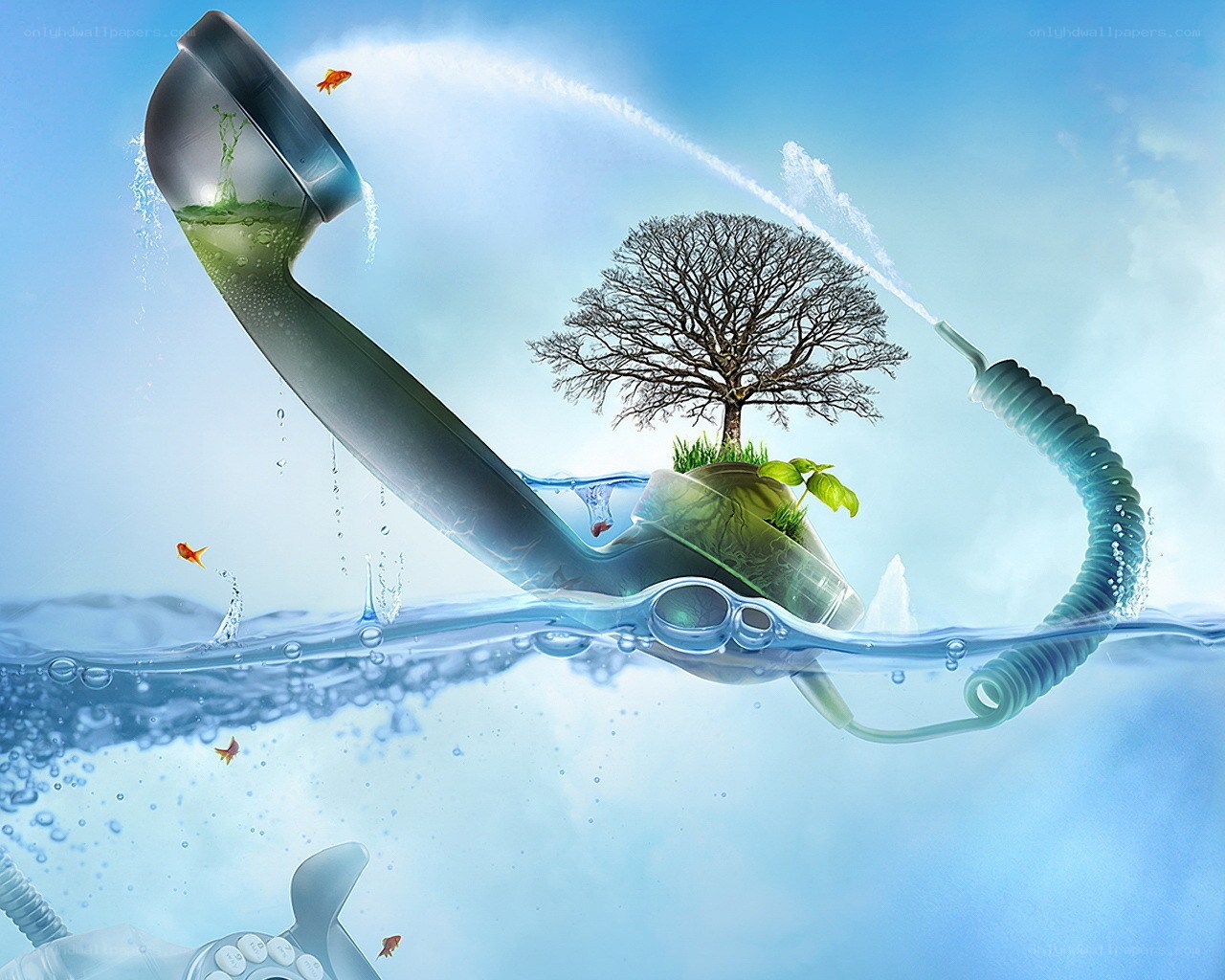 phone with tree and fish
