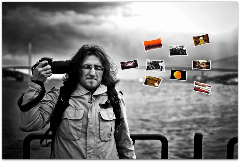 Photographer with floating photos