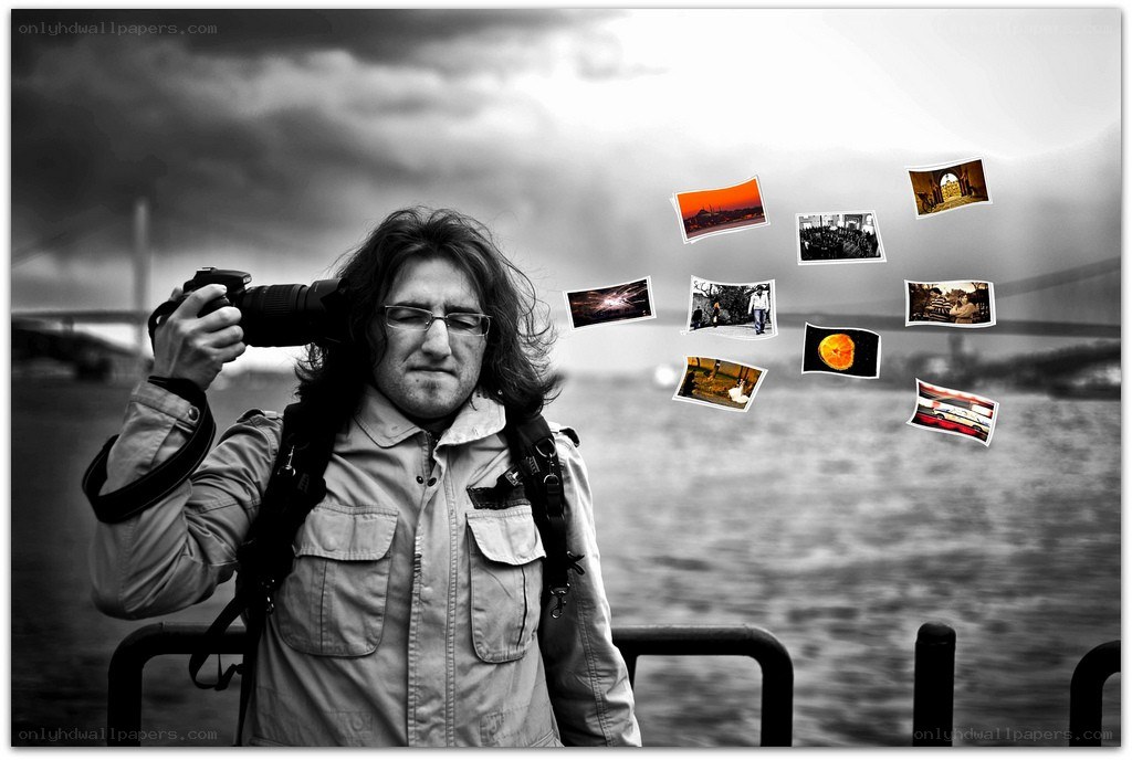 Photographer with floating photos