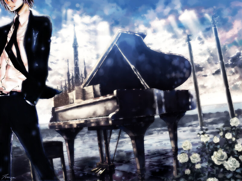 Pianist in a dreamlike landscape