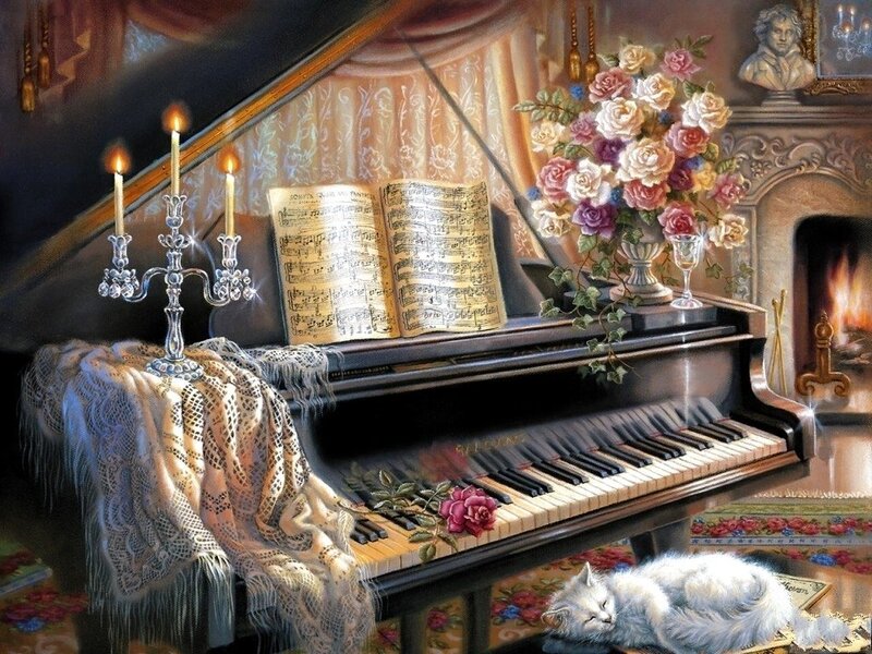 Piano by the fireplace