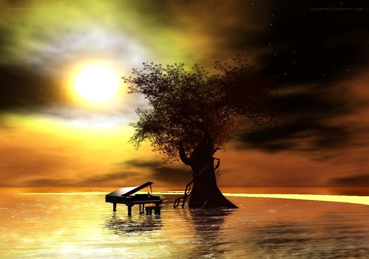 Piano by the sea at sunset