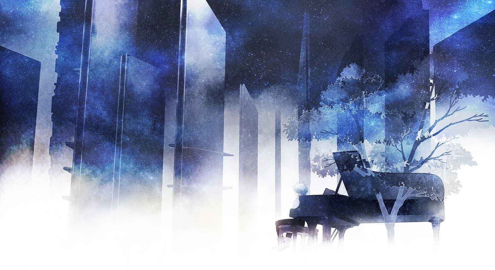 Piano in a starry forest