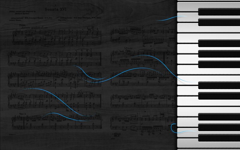 Piano Keyboard and Sheet Music — Black, Calm, Digital Art, Sheet Music, Blue Lines