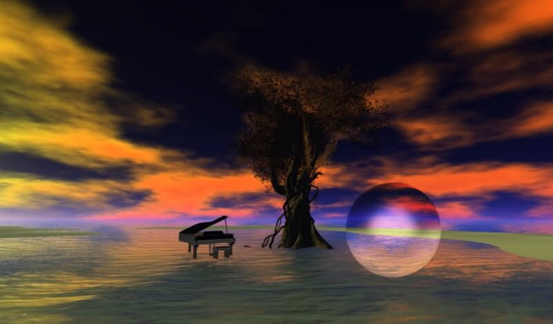 piano on a surreal island