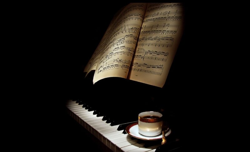 Piano sheet music with coffee cup