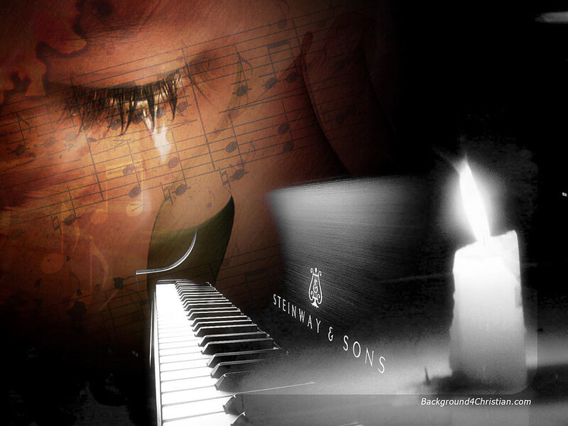 Piano with candle and music notes