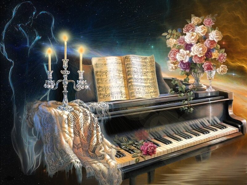 Piano with music and flowers