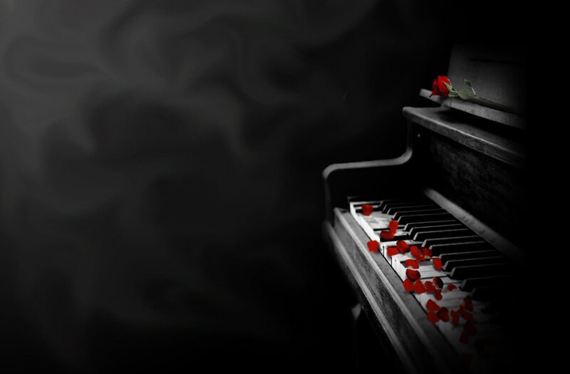 Piano with Rose Petals — Black, Dramatic