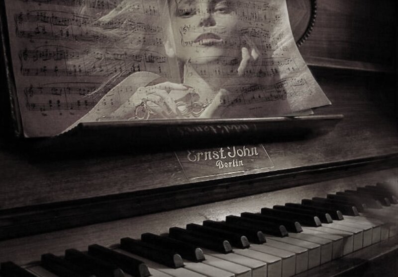 Piano with Sheet Music — Black, Dramatic