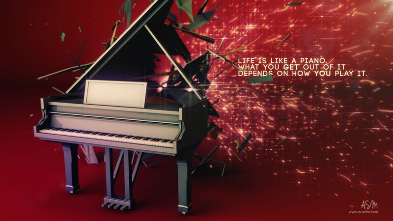Piano with sparks and quote